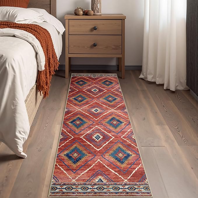 BESTSWEETIE Area Rug 2x10 Rug Machine Washable Non-Slip Low Pile Print Pattern Western Rug for Living Room Bedroom Entryway Tribal Series -Red/Orange