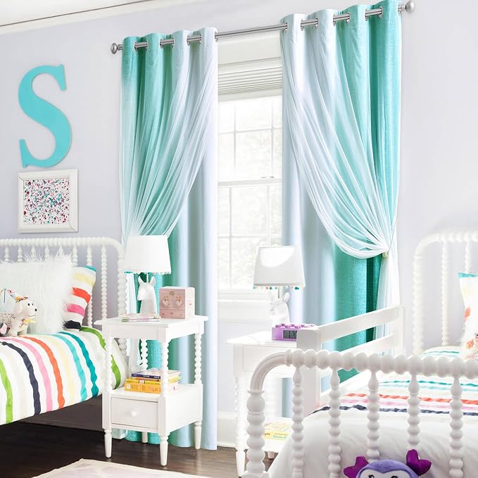 Ombre 100% Blackout Curtains 90 Inches Long 2 Panels for Bedroom Living Room Teal and White Double Layer Sheer Overlay Mix & Match Grommet Thermal Soundproof Drapes with Tiebacks, 52x90