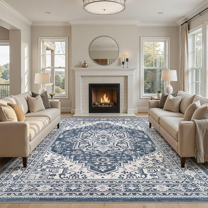 UERMEI 10x14 Area Rug for Living Room - Washable Vintage Carpet, Non-Slip Soft Large Indoor Floor Rugs for Bedroom Home Office & Under Dining Table Decor, Denim Blue/White