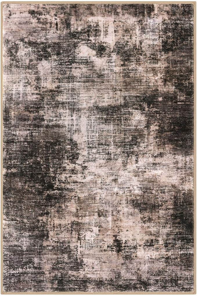 IOHOUZE Abstract Area Rugs 5x7 Ft Washable Rugs for Living Room, Non Slip Dining Room Rug, Printed Faux Wool Rugs for Bedroom, Floor Carpet for Kitchen Nursery Playroom, Brown/Rust