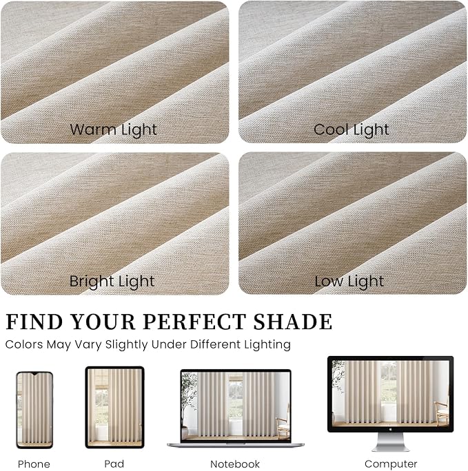 Pinch Pleated Linen Curtains 96 Inches Long 2 Panel Set (40" W x 96" L) for Living Room & Bedroom Window Natural Birch Light Filtering with Hooks,Rings & Back Tab,Neutral Boho Farmhouse Style