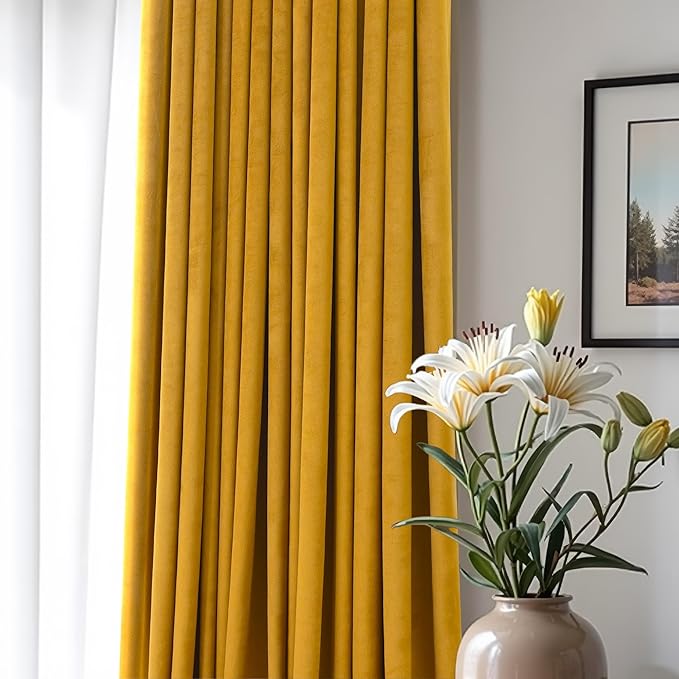Halloween Warm Gold Velvet Curtains 72 Inch Length for Bedroom Living Room Darkening Drapes for Family Room Holiday Fete Back Loop Pocket Classic Privacy Panels for Summer Winter Mustard Yellow Golden