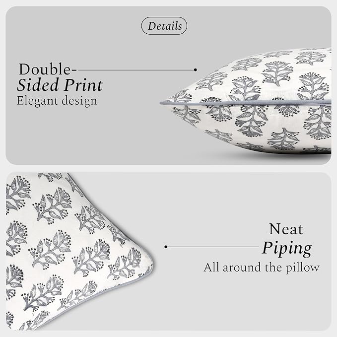 CPC 100% Cotton Throw Pillow Covers 20x20 Inch, Set of 2 Block Print Pattern Couch Pillow with Hidden Zipper, in Collabaration with Southern Source- Misty Grey Floral