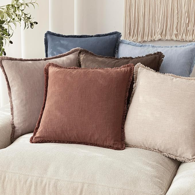 Foindtower Set of 2 Decorative Linen Fringe Throw Pillow Covers Cozy Boho Farmhouse Cushion Cover with Tassels Soft Accent Pillowcase for Couch Sofa Bed Living Room Home Decor,26×26 Inch,Rust Red