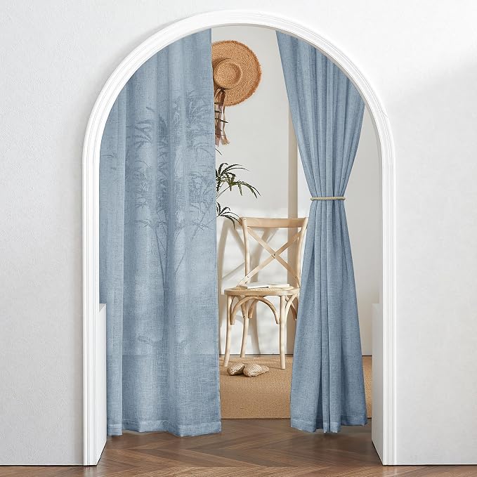 RYB HOME Blue Linen Sheer Curtains for Living Room Kids Room, Semi Transparent Elegant Flax Linen Texture Breathable Durability Decor 72 inch Length, W 52 x L 72 inches, Dusty Blue, 2 Panels