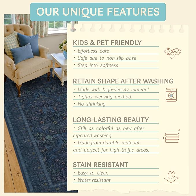 2'6"x8' 8ft Kitchen Runner Rugs Washable, Dark Blue Long Runner Rugs Non Slip for Hallway, Entryway, Victorian Forest Floral Stain Resistant Low Pile Thin Carpet