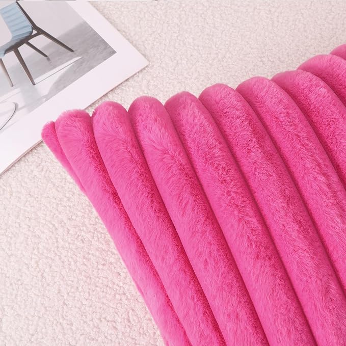 Pallene Faux Fur Plush Throw Pillow Covers 24x24 Set of 2, Luxury Soft Fluffy Striped Decorative Pillow Covers for Sofa, Couch, Living Room, Hot Pink