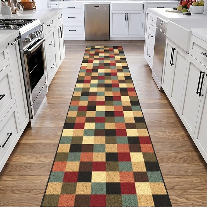 Ottomanson 2'7" x 16' Extra Long Hallway Runner Rug – Non Slip Low Pile Carpet Runner for Hallways, Corridors & Narrow Spaces, Checkered Multicolor
