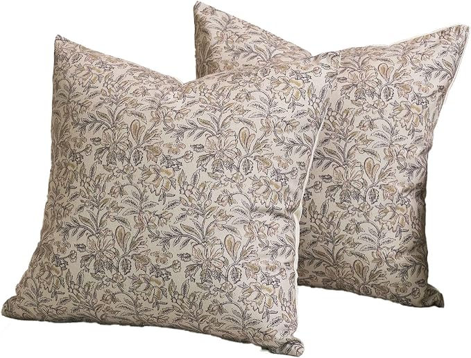 Amor Virisso Floral Throw Pillow Covers 18x18 Set of 2 Vintage Block Print Pillow Covers Decorative Pillow Covers Couch Pillows for Living Room Farmhouse Accent Sofa Pillows, Yellow/Sand