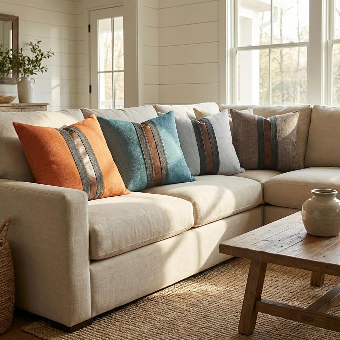 Set of 2 Leather Throw Pillow Covers Cotton Linen Decor Patchwork Pillow Cover Faux Leather Pillows Cover for Couch Sofa Living Room Bedroom,Coffee 24"x24"