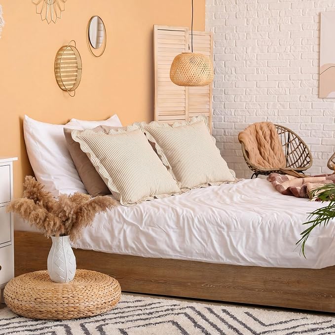Newwiee 2 Pack Scalloped Pillow Cover 20 x 20 Inch Beige Stripe Throw Pillow Cover Cotton Decorative Pillowcase for Women Men Couch Living Room Cushion Indoor Outdoor Decoration