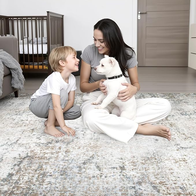 Washable Area Rug 3x5 Entryway Rug: Washable Modern Abstract Soft Thin Rug Indoor Floor No Slip Stain Resistant Carpet for Bedroom Dining Room Farmhouse Nursery Home Office - Brown Grey