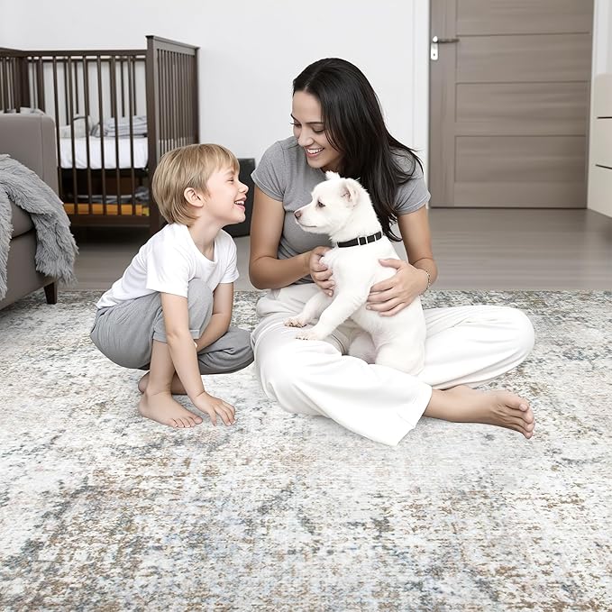 Round Area Rug for Living Room: 5 ft Washable Modern Abstract Soft Thin Rug Indoor Floor No Slip Stain Resistant Carpet for Bedroom Dining Room Farmhouse Nursery Home Office - Brown Grey