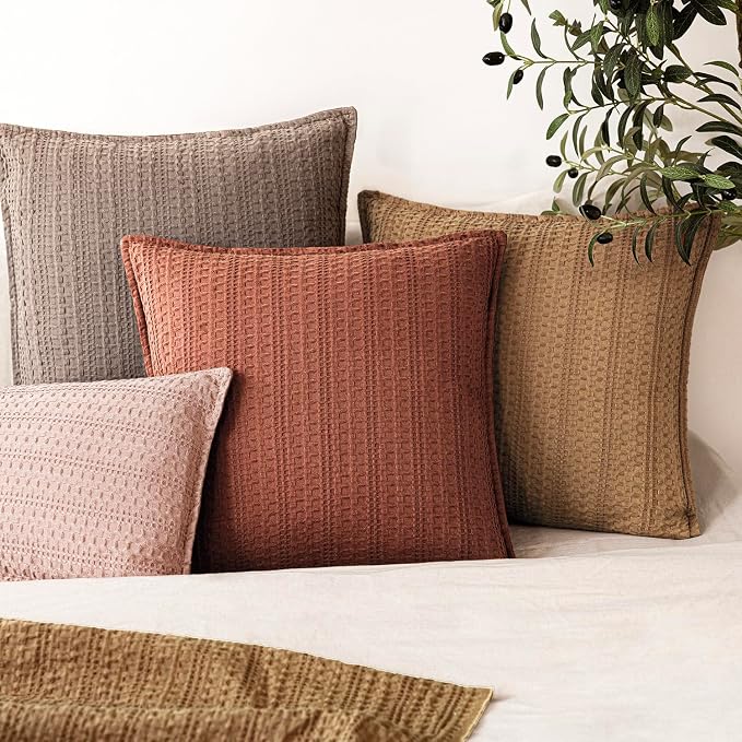 Foindtower Set of 2 Decorative Cotton Waffle Weave Textured Throw Pillow Covers Euro Sham Cushion Covers Accent Pillowcase For Bed Couch Sofa Bedroom Living Room Home Decor 18×18 Inch Fall Rust Orange