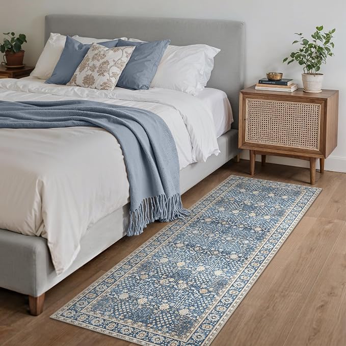 Bavni Washable Rugs 3x5 Machine Washable Rug Lightweight Low Pile, Vintage Floral Rug Non-Shedding Distressed Throw Carpet for Living Room Bedroom Office, Lake Blue