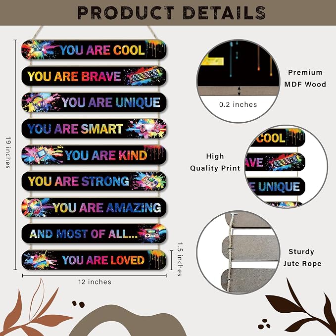 MONALET Gaming Gamer Inspirational Wall Decor for Boys Kids Game Room Playroom Office Nursery, You Are Loved Hanging Wooden Signs Decorations, Positive Affirmations Wall Art Wood Plaque 9Pcs 12x19
