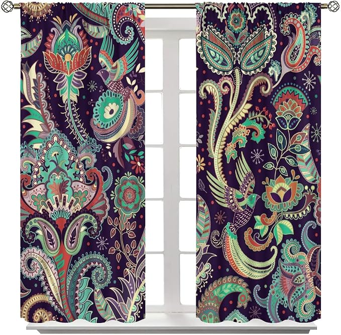Boho Curtains, Traditional Geometric Ethnic Style Beautiful Floral Pattern, Blackout Curtains Living Room Bedroom Dim Room, 2 Panel Set, 55x63 in.