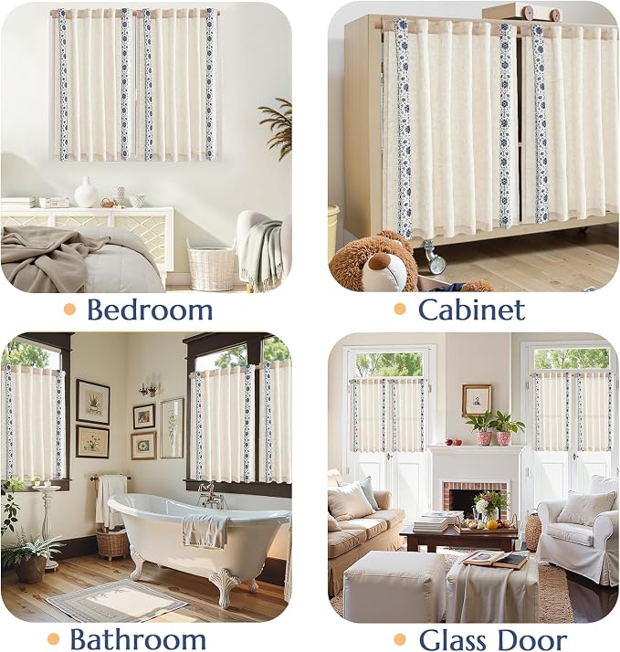 jinchan Blue Floral Embroidered Short Linen Curtains 54×54 Inches 2 Panels | Light filtering, back tab, rod pocket, cafe curtains for kitchen bedroom living room, cottage farmhouse, small window