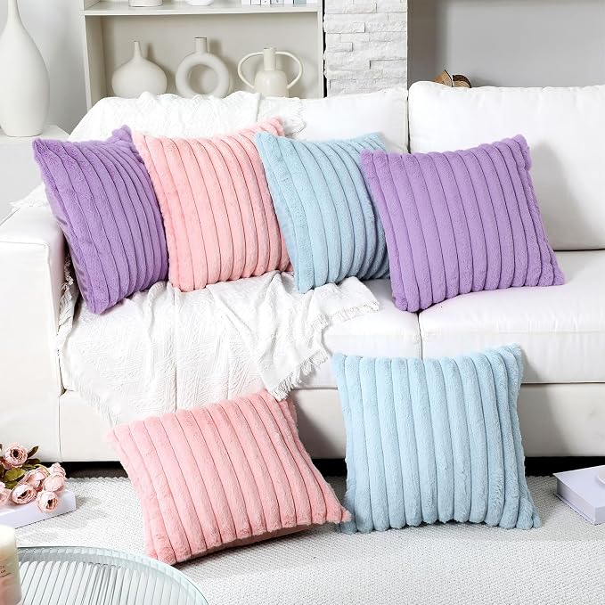 Mixweer 6 Pcs Back to School Faux Fur Plush Throw Pillow Covers 18x18 Inch Pastel Fluffy Decorative Striped Pillow Covers with Velvet Back for Sleepover Slumber Party Tent, Sofa, Classroom Home Decor