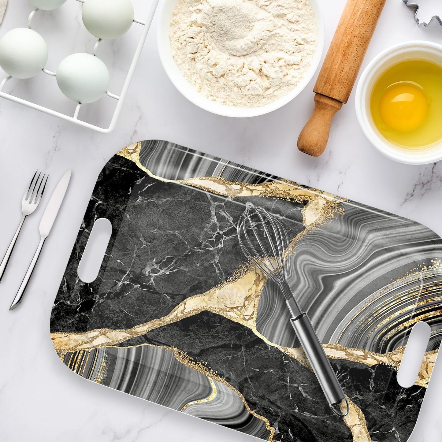 Serving Trays with Handles, 14.5 x 9.8 inch Rectangular Plastic Tray for Restaurant, Kitchen, Abstract Background Black Marble