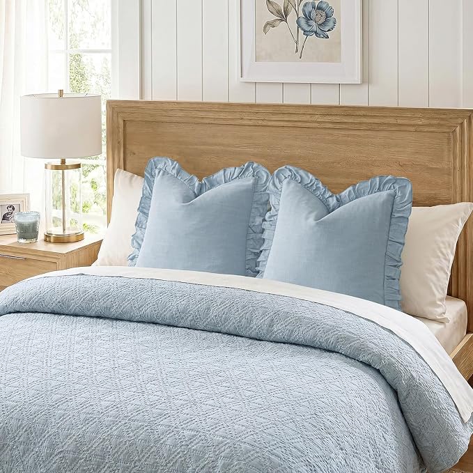 Foindtower Set of 2 Decorative Linen Fringe Ruffle Throw Pillow Covers Soft Boho Farmhouse Cushion Cover Cozy Accent Retro Pillowcase for Couch Sofa Bed Living Room Home Decor,20×20 Inch,Sky Blue