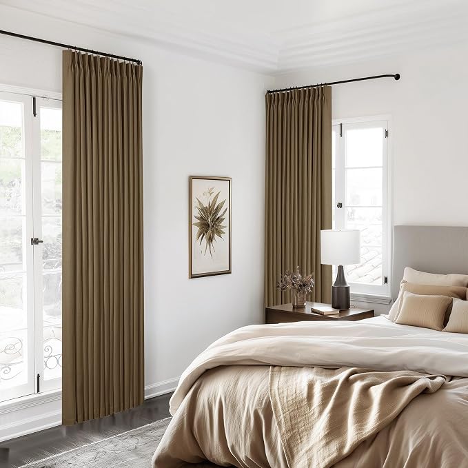 Dark Brown Pleated Linen Blackout Curtains 92 Inches Long for Bedroom Living Room Pinch Pleat Black Out Thermal Insulated Ring Hooks Back Tab Room Darkening Drapes Dutch Cocoa Curtains with Liner