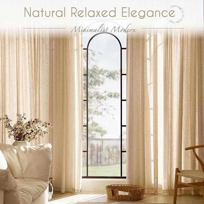Tan Linen Curtains 96 inches Long for Living Room Back Tab Rustic Farmhouse Semi Sheer Light Filtering Window Curtain Dining Room Soft Thick Flax Linen Textured Drapes Kahki 52x96