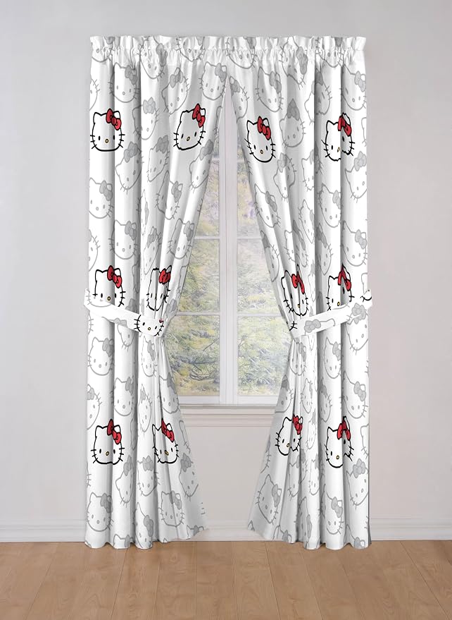 Jay Franco Window Curtains for Bedroom 4-Piece Drape Set with 2 Tiebacks, White - Hello Kitty, 42" W x 84" L (Pack of 2)