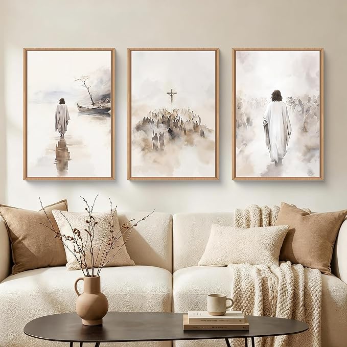 ARYROI Jesus Christ Walking On Water Framed Canvas Wall Art Set,Religious Christian Biblical Scenes Landscape Wall Decor,Watercolor Neutral Faith Scripture Cross Artwork for Living Room,Prayer Room,Church-24"x36"x3