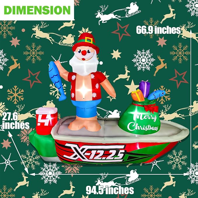 BLOWOUT FUN 8ft Inflatable Christmas Santa Claus Standing on a Fishing Boat with Gift Bag Lighted Blow Up Decortion, LED Blow Up Lighted Decor Indoor Outdoor Holiday Decor