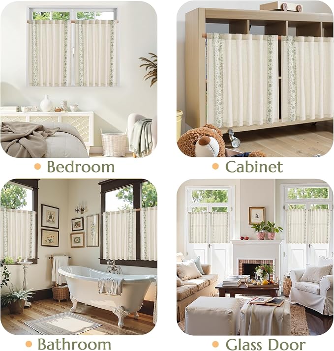 jinchan Green Floral Embroidered Linen Kitchen Curtains 54×45 Inch 2 Panels | Light filtering, back tab, rod pocket, cafe curtains for kitchen bedroom living room, cottage farmhouse, small window