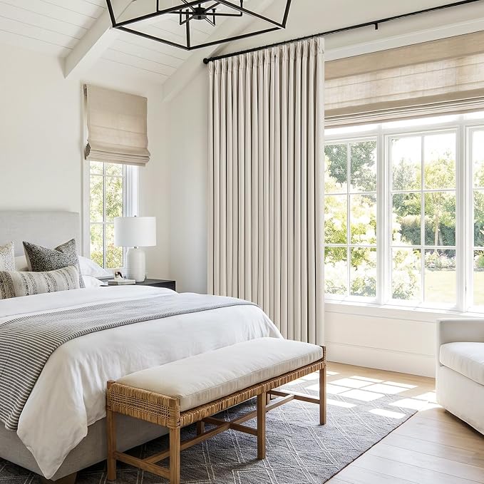 60 Inch Extra Wide 100% Blackout Curtains 84 Inches Long 1 Panel for Bedroom, Natural Memory Trained Pleated Thick Linen Thermal Noise Reducing Neutral Windows Curtain Light Blocking Drapes 60x84