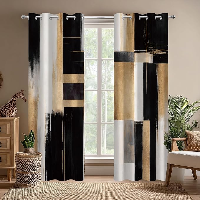 Black and Gold Abstract Blackout Curtains,Boho Mid Century Modern Aesthetic Art Window Drapes, Neutral Art Living Room Bedroom Decor 2 Panels 52x84 Inch