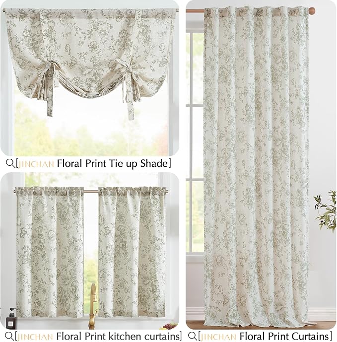 jinchan Floral Linen Tier Curtains Floral Sage on Beige Cafe Curtains 24 Inch Length Kitchen Living Room Bedroom Bathroom Farmhouse Rustic Country Rod Pocket 2 Panels