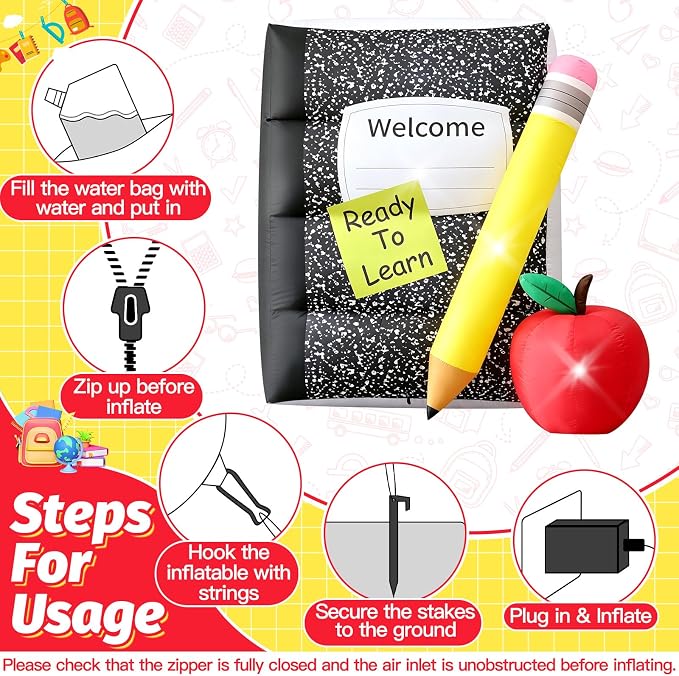 5FT Back to School Inflatable Outdoor Decorations Giant Blow Up Composition Notebook with Pencil,Built-in 3 LED Lights for First Day of School Welcome Party Classroom Garden Yard Decor Photo Props