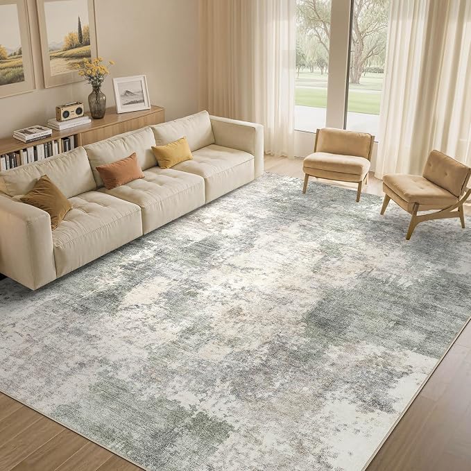 Tortania Washable 5x7 Area Rug for Living Room: Modern Abstract Neutral Large Soft Thin Rugs - Non Slip Indoor Carpet for Bedroom Dining Room Office Nursery Home Floor Decoration - Gray Green