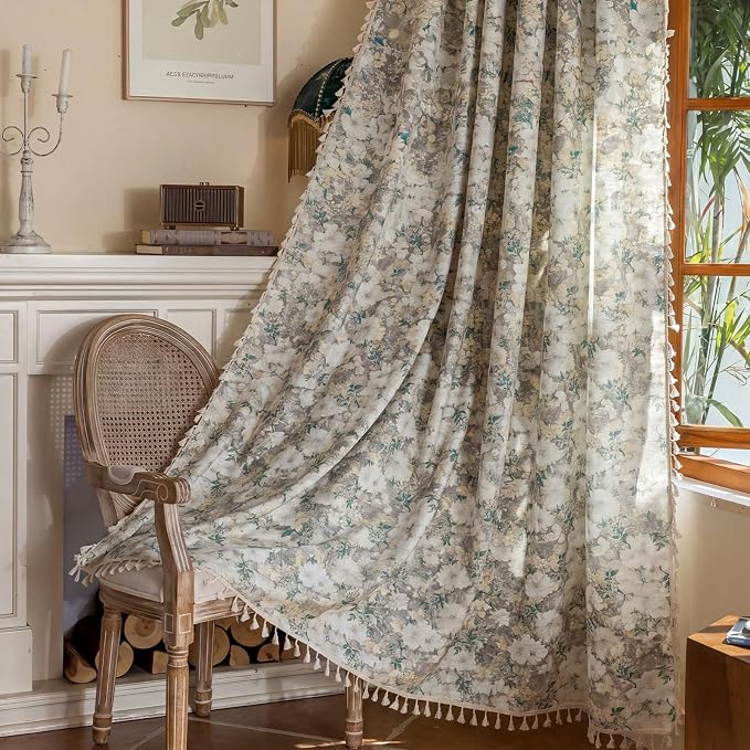 OYX Boho Floral Curtains 63 Inch, Linen Farmhouse Flower Drapes with Lace & Tassels, Light Filtering Semi Sheer Curtains for Living Room Bedroom, 2 Panels