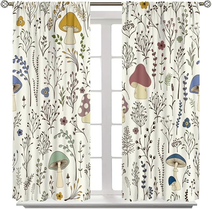 Mushroom Curtains,Colorful Plant Forest Botanical Print Window Treatments for Bedroom Living Room Kitchen Cartoon Herbs Floral Window Drapes 2 Panels Set,Total Size 63 x 72 Inch