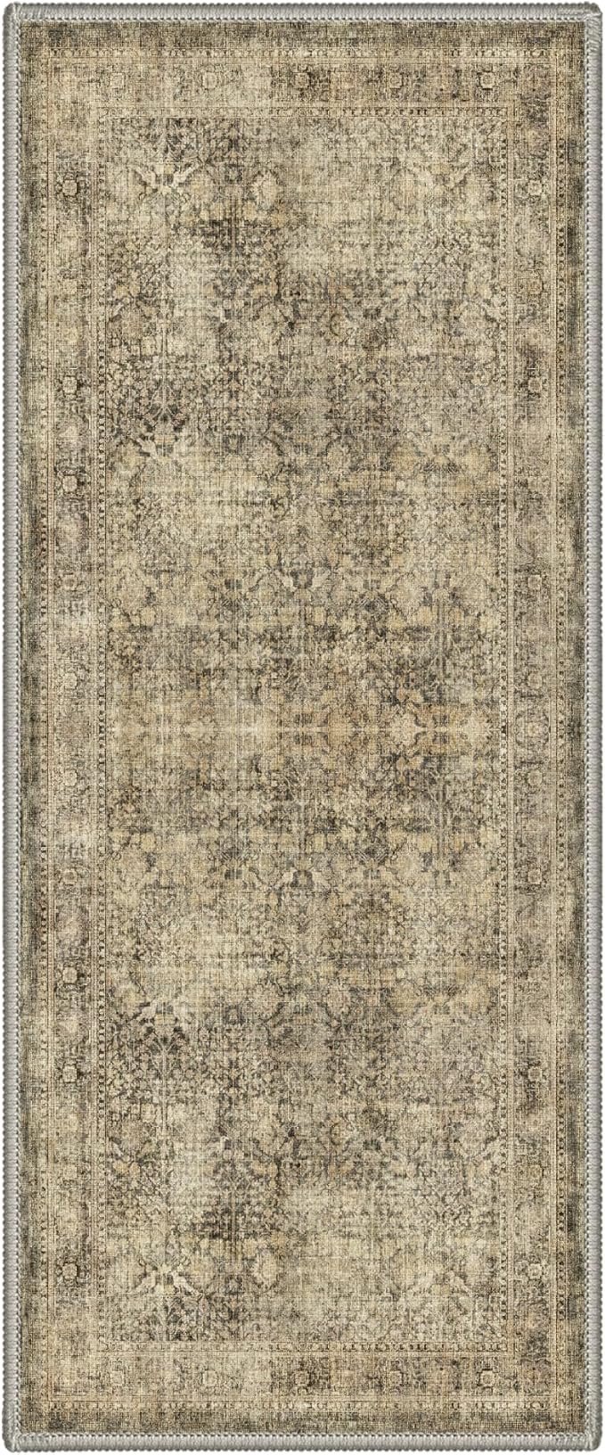Bavni 2x5 Rug Runners for Hallways, Machine Washable Runner Rug Non Slip, Vintage Floral Print Style Rugs for Bedroom-Lightweight Low Pile Carpet for Hallways Bathroom, Brown