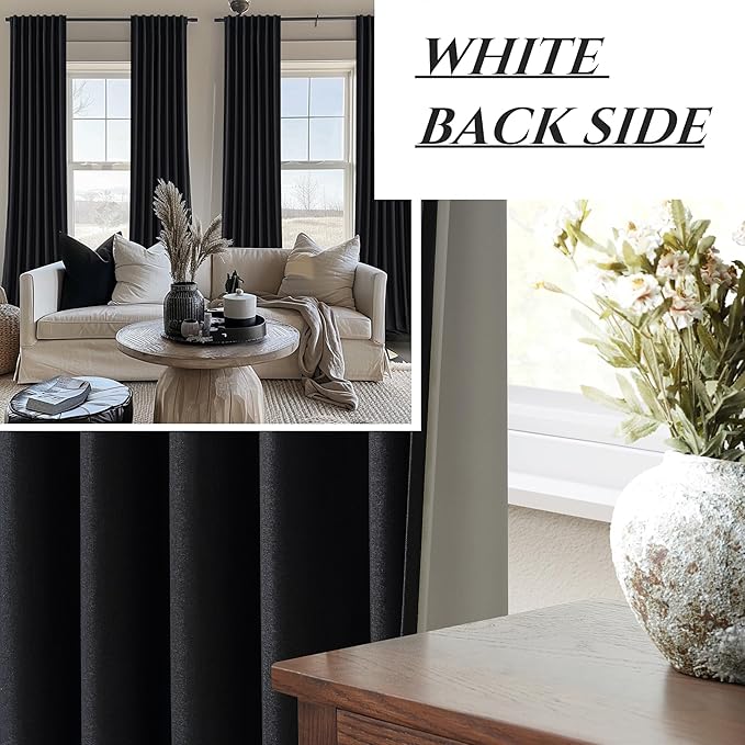 Black Blackout Curtains 92 Inches Long 2 Panel Set, Sun Blocking Curtain for Bedroom Modern Black Window Linen Drapes for Winter Thermal Insulated Pleated with Heading Tape Pin Hooks (W50"xL92")