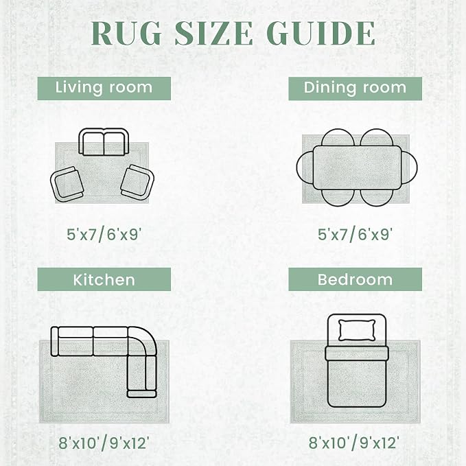 8x10 Area Rugs for Living Room: Washable Large Vintage Floral Rug Low Pile Non-Slip Boho Carpet for Bedroom Home Office Dining Room (Green, 8'x10')