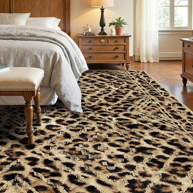 BESTSWEETIE Area Rug 5x7 Rug Machine Washable Non-Slip Low Pile Print Pattern Western Rug for Living Room Bedroom Entryway Tribal Series-Dark/Leopard