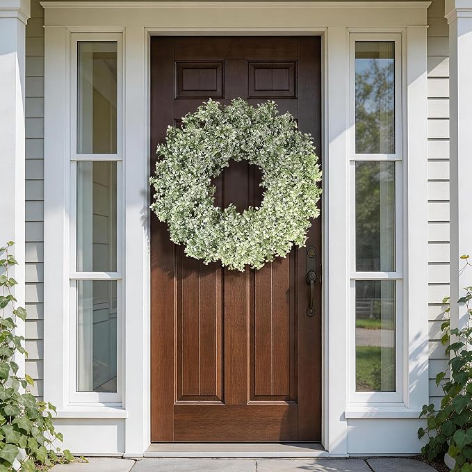 32" Large Artificial Boxwood Wreath for Front Door (White-Green) | Waterproof Fade Resistant,Premium Durable,Faux Aglaia Odorata Wreath,for Wall Window Farmhouse Outdoor All Seasons Decor