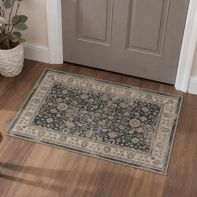 Bavni 2x5 Rug Runners for Hallways, Washable Runner Rug Non Slip, Vintage Floral Oriental Floral Rugs for Bedroom, Lightweight Low Pile Carpet for Hallways Bathroom, Dusty Charcoal