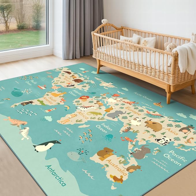 Hazo Haus Washable Kids Playroom Rug – 5x7 Play Rug for Preschool Toddlers, Girls, Educational with Cute Animals – Non-Slip, Stain Resistant, Soft & Safe for Bedroom, Play Room and Classroom - Blue