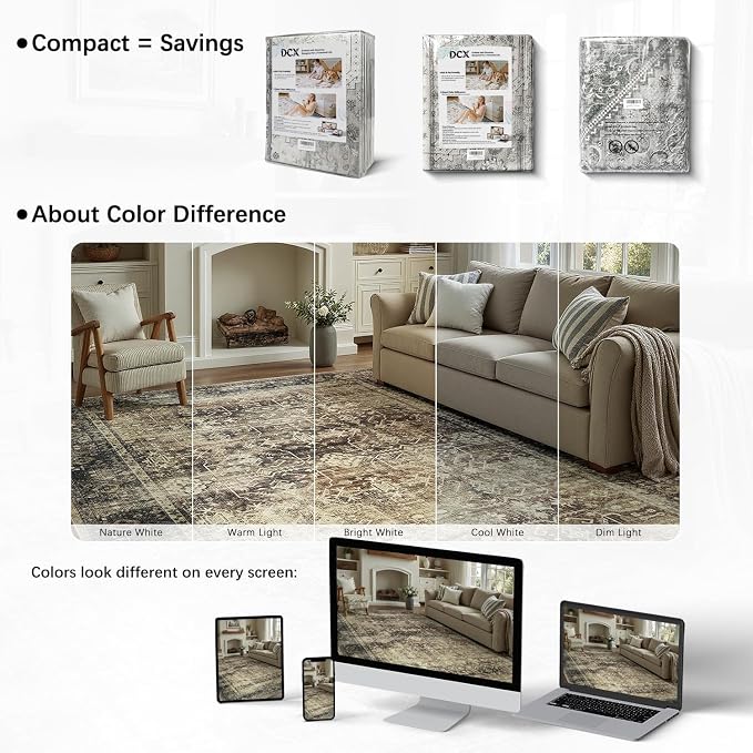 DCX Washable 9x12, Kid & Pet Friendly with Rubber Back Non Slip, Stain Resistant Vintage Rug for Living Room, Bedroom, Home Office, Soft Low Pile Large Farmhouse Distressed Carpet, Brown