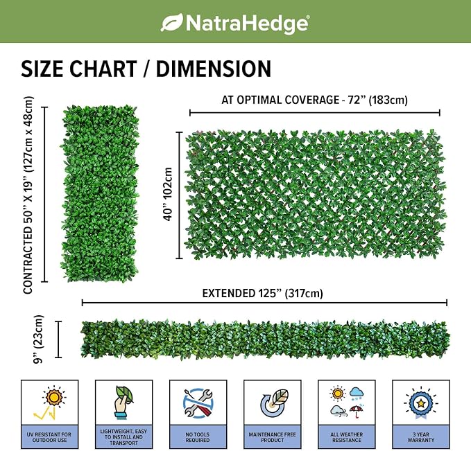 NatraHedge 20''X50'' Artificial Privacy Grass Wall Decor, Laurel Leaf | Faux Trellis, Expandable lattice Panels for Indoor, Outdoor, Garden And Balcony Greenery Wall Fence Screen | UV Resistant