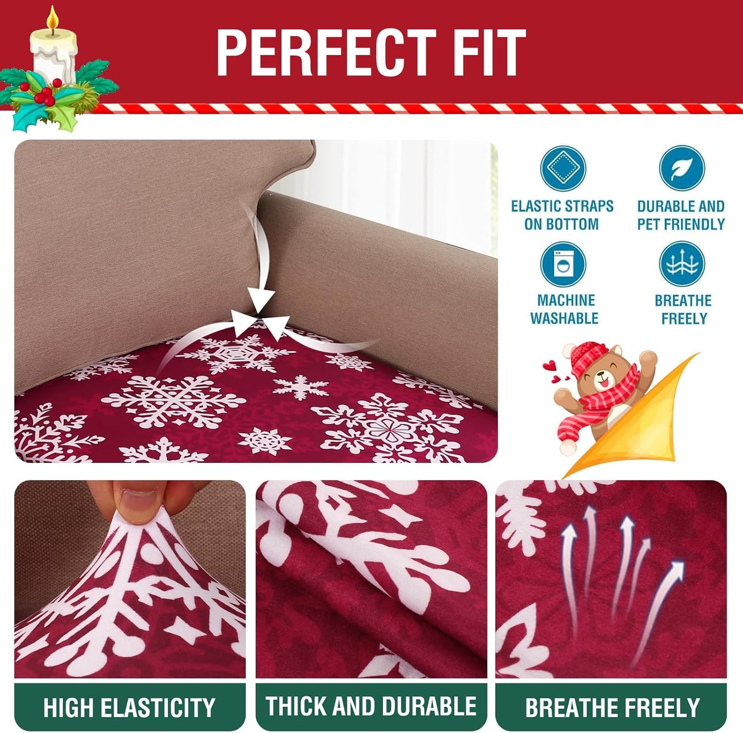 H.VERSAILTEX Christmas Sofa Slipcover Fleece Stretch Couch Cushion Cover Furniture Protector Seat Cushion Snowflakes Sofa Cover for Christmas (1 Piece Armchair Cushion Covers, Snowflakes)