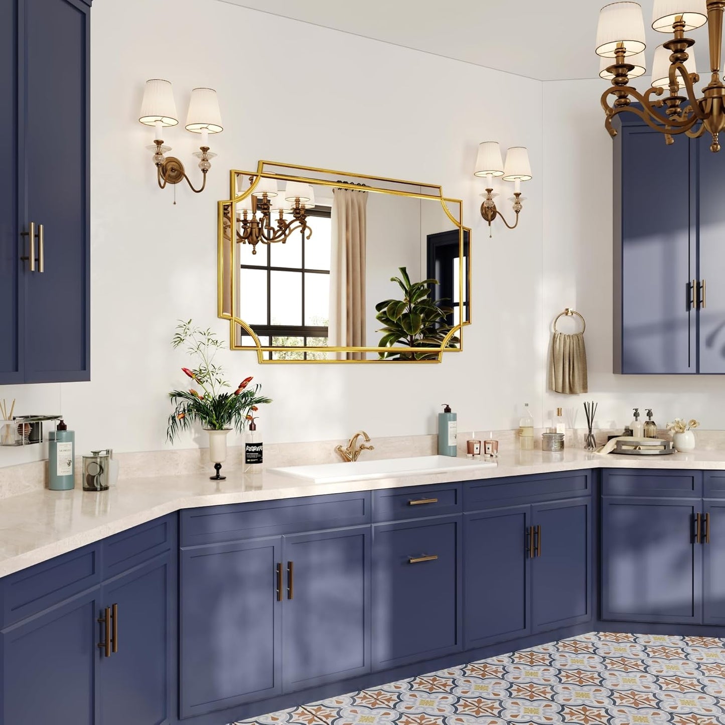 Kelly Miller Large Gold Mirror for Wall, 30"x46" Gold Bathroom Mirror Vanity Mirror Decorative Mirror Scalloped Beveled Mirror for Master Bath Half Bath Living Room Bedroom Farmhouse Fireplace Hallway