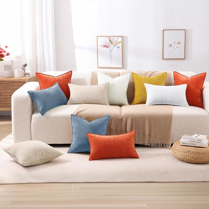 decorUhome Fall Couch Euro Sham Throw Pillow Covers 24x24 Set of 2, Decorative Soft Velvet Modern Cozy Chenille Pillow Cases with Elegant Design for Sofa Bed Living Room Home Decor, Blue Grey